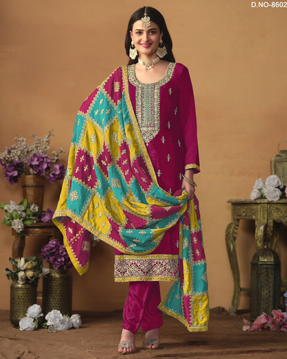 Magenta Chinon Silk Salwar Suit With Kameez & Dupatta For Indian & Pakistani Wedding Festival - Thread Sequence Work