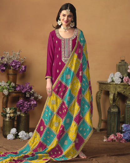 Magenta Chinon Silk Salwar Suit With Kameez & Dupatta For Indian & Pakistani Wedding Festival - Thread Sequence Work