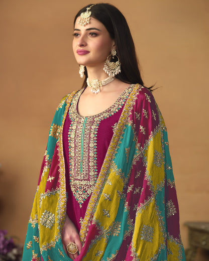 Magenta Chinon Silk Salwar Suit With Kameez & Dupatta For Indian & Pakistani Wedding Festival - Thread Sequence Work