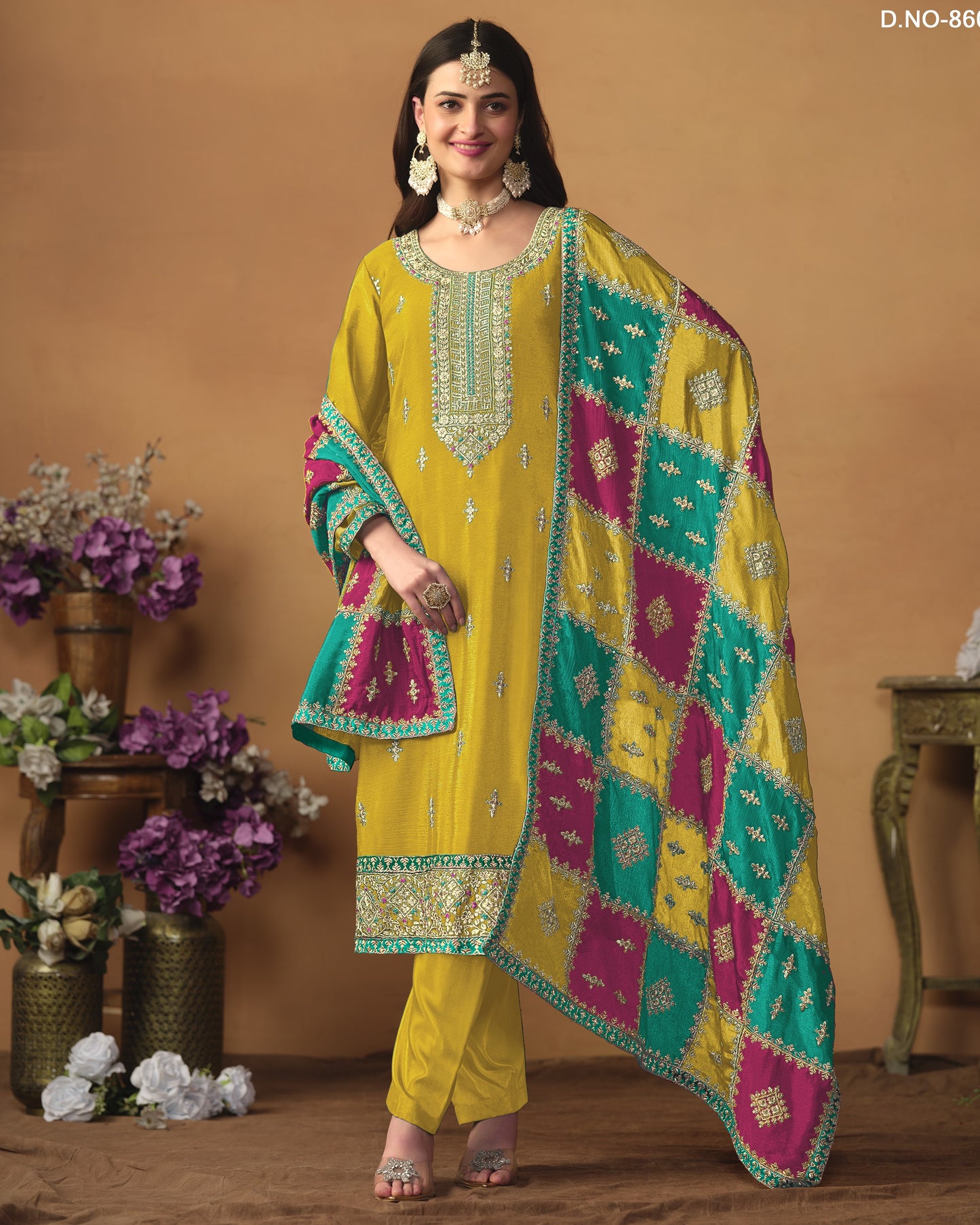 Yellow Chinon Silk Salwar Suit With Kameez & Dupatta For Indian & Pakistani Wedding Festival - Thread Sequence Work