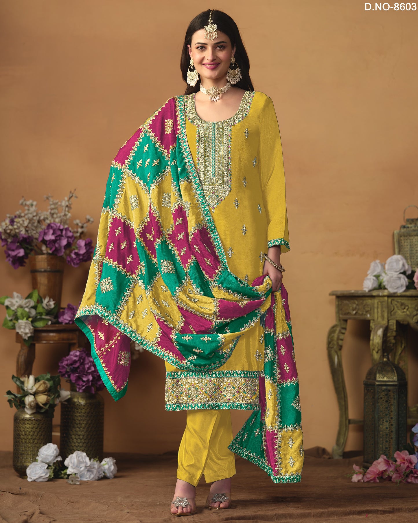Yellow Chinon Silk Salwar Suit With Kameez & Dupatta For Indian & Pakistani Wedding Festival - Thread Sequence Work