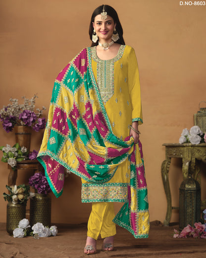 Yellow Chinon Silk Salwar Suit With Kameez & Dupatta For Indian & Pakistani Wedding Festival - Thread Sequence Work