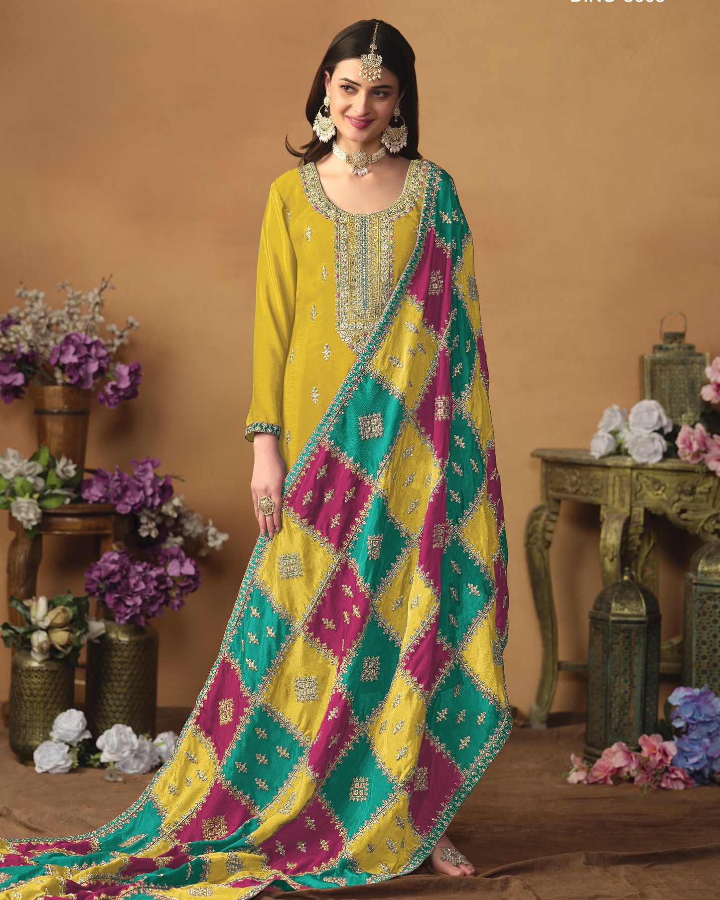 Yellow Chinon Silk Salwar Suit With Kameez & Dupatta For Indian & Pakistani Wedding Festival - Thread Sequence Work