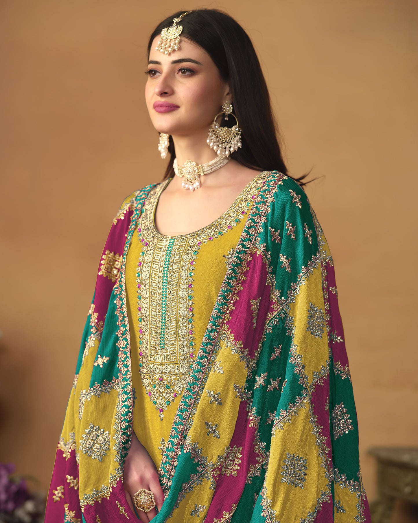 Yellow Chinon Silk Salwar Suit With Kameez & Dupatta For Indian & Pakistani Wedding Festival - Thread Sequence Work