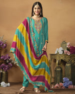 Sky Blue Chinon Silk Salwar Suit With Kameez & Dupatta For Indian & Pakistani Wedding Festival - Thread Sequence Work