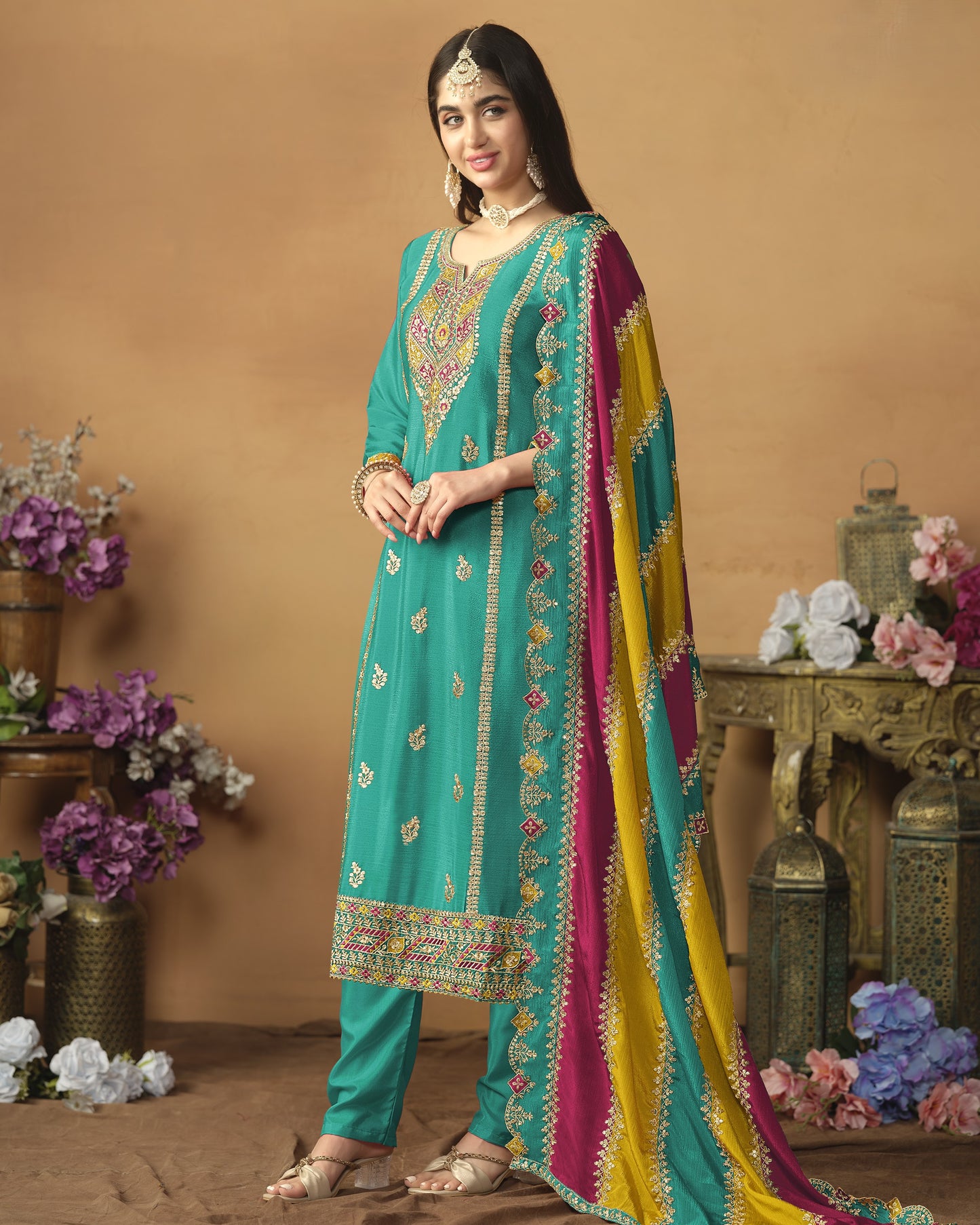 Sky Blue Chinon Silk Salwar Suit With Kameez & Dupatta For Indian & Pakistani Wedding Festival - Thread Sequence Work