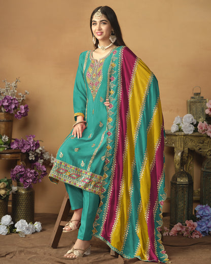 Sky Blue Chinon Silk Salwar Suit With Kameez & Dupatta For Indian & Pakistani Wedding Festival - Thread Sequence Work