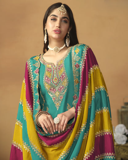 Sky Blue Chinon Silk Salwar Suit With Kameez & Dupatta For Indian & Pakistani Wedding Festival - Thread Sequence Work