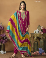 Magenta Chinon Silk Salwar Suit With Kameez & Dupatta For Indian & Pakistani Wedding Festival - Thread Sequence Work