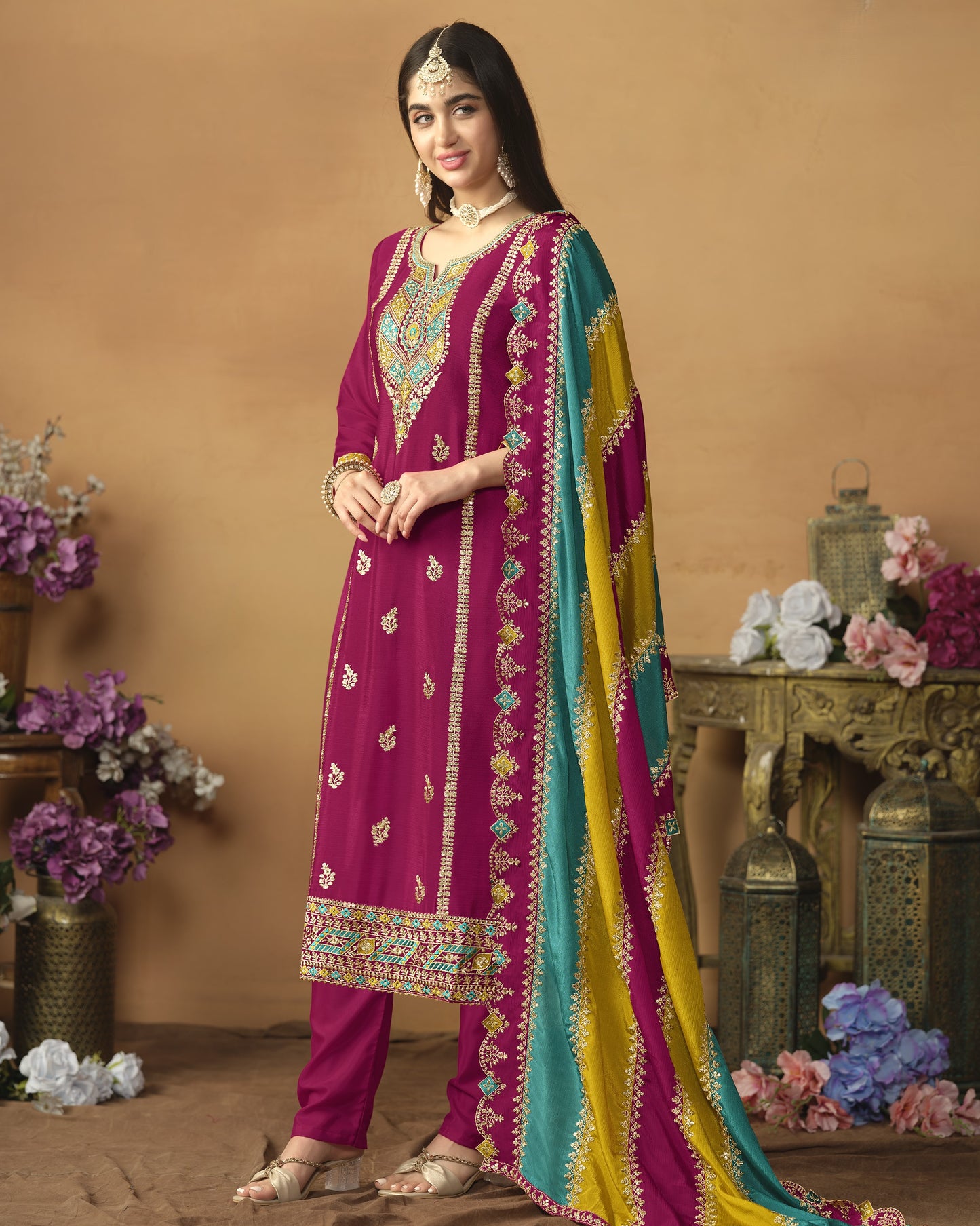 Magenta Chinon Silk Salwar Suit With Kameez & Dupatta For Indian & Pakistani Wedding Festival - Thread Sequence Work