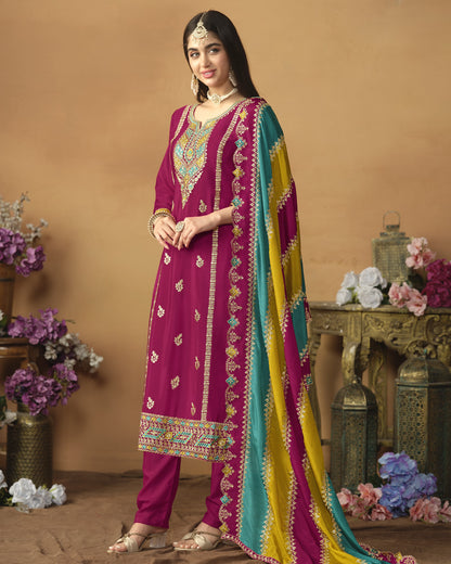Magenta Chinon Silk Salwar Suit With Kameez & Dupatta For Indian & Pakistani Wedding Festival - Thread Sequence Work