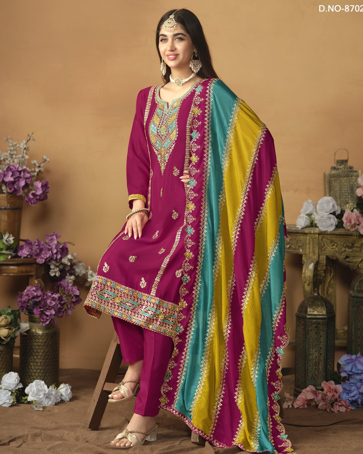 Magenta Chinon Silk Salwar Suit With Kameez & Dupatta For Indian & Pakistani Wedding Festival - Thread Sequence Work