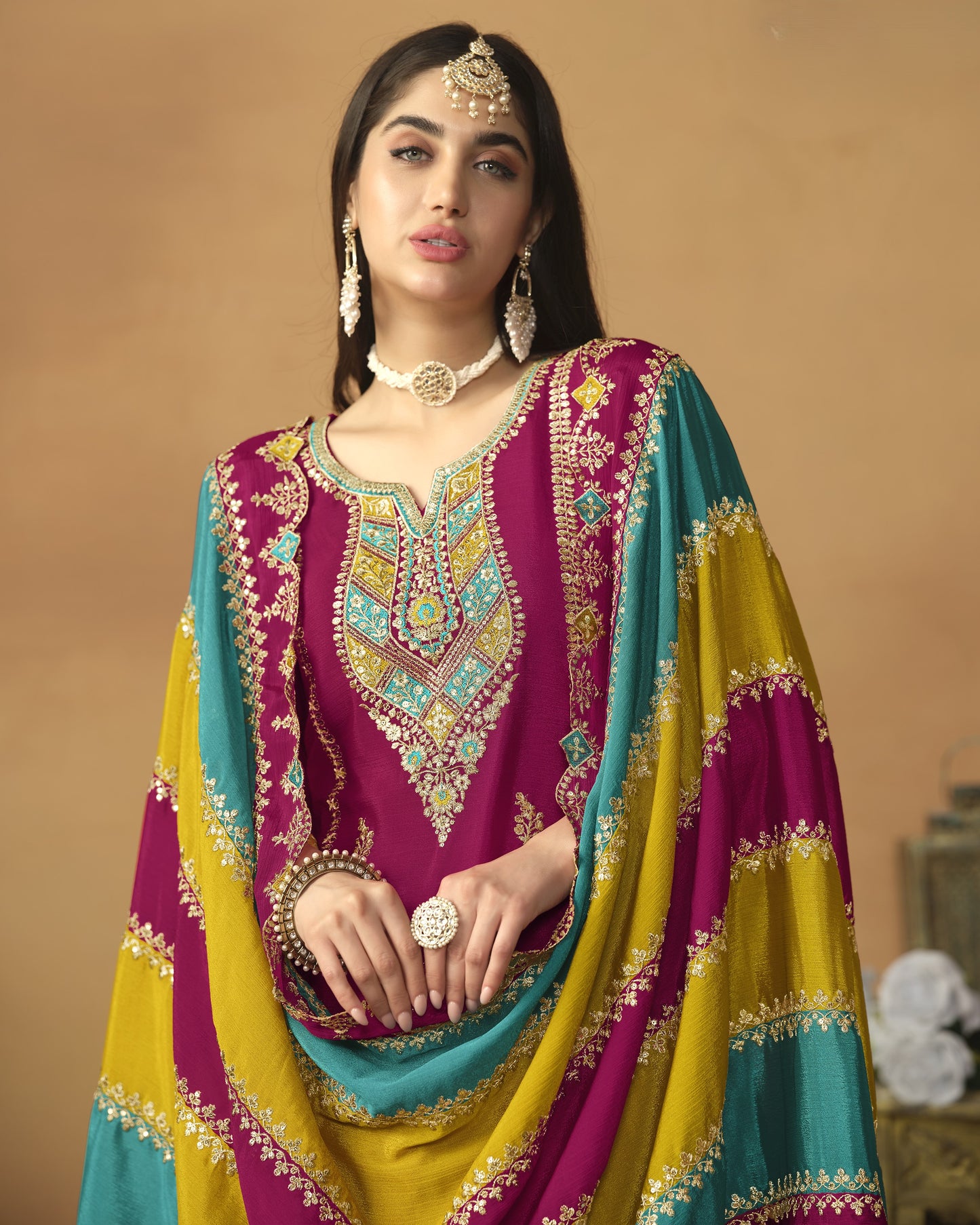 Magenta Chinon Silk Salwar Suit With Kameez & Dupatta For Indian & Pakistani Wedding Festival - Thread Sequence Work