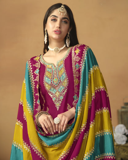 Magenta Chinon Silk Salwar Suit With Kameez & Dupatta For Indian & Pakistani Wedding Festival - Thread Sequence Work