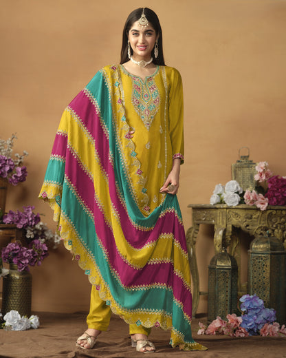 Yellow Chinon Silk Salwar Suit With Kameez & Dupatta For Indian & Pakistani Wedding Festival - Thread Sequence Work
