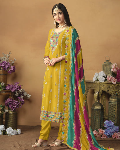 Yellow Chinon Silk Salwar Suit With Kameez & Dupatta For Indian & Pakistani Wedding Festival - Thread Sequence Work