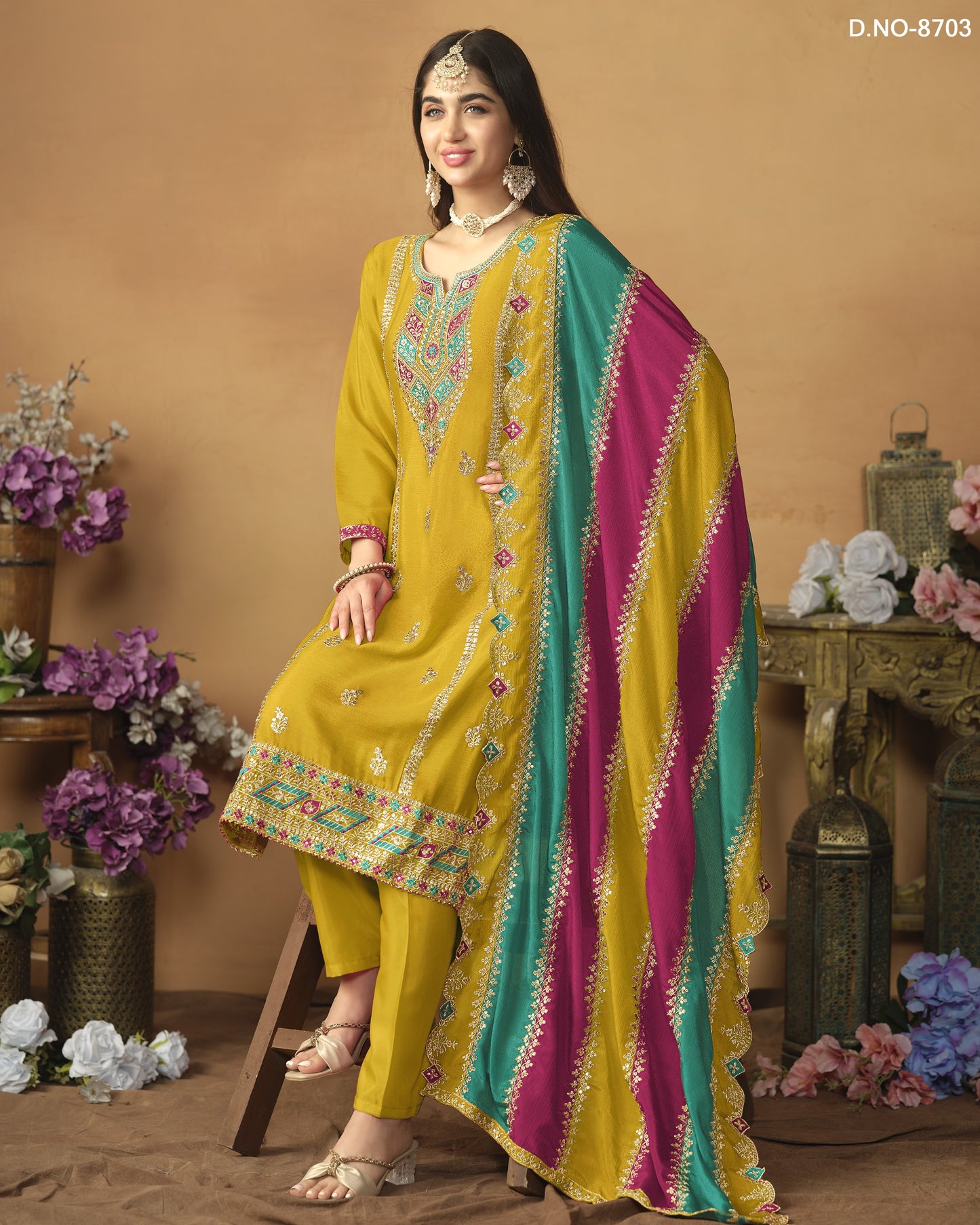 Yellow Chinon Silk Salwar Suit With Kameez & Dupatta For Indian & Pakistani Wedding Festival - Thread Sequence Work