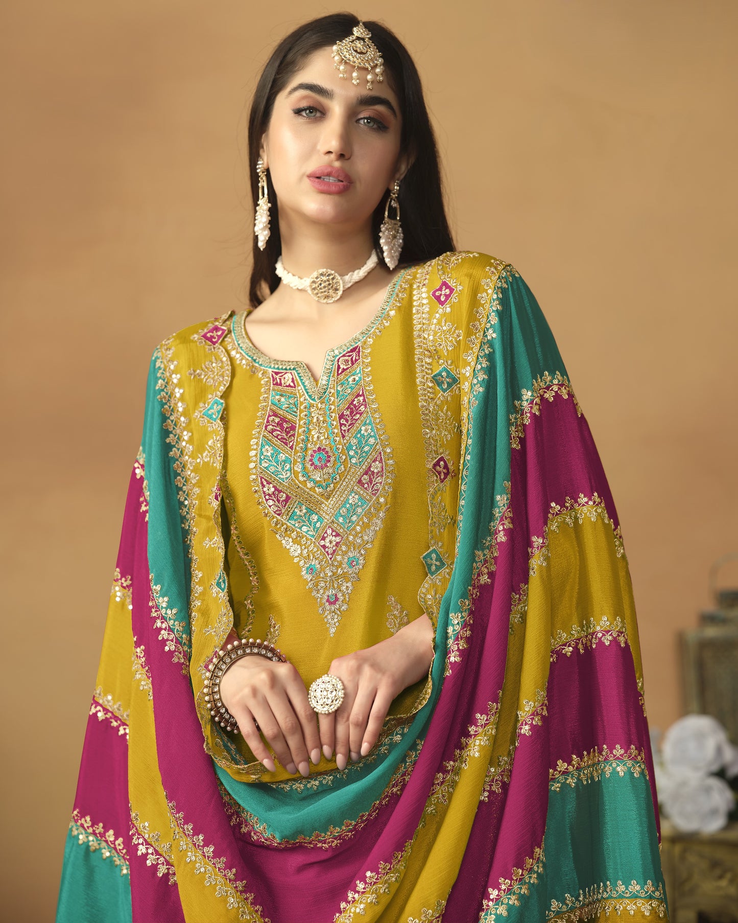 Yellow Chinon Silk Salwar Suit With Kameez & Dupatta For Indian & Pakistani Wedding Festival - Thread Sequence Work