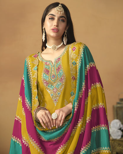 Yellow Chinon Silk Salwar Suit With Kameez & Dupatta For Indian & Pakistani Wedding Festival - Thread Sequence Work