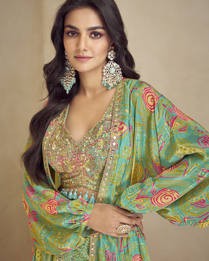 Woman wearing a colorful traditional outfit with intricate patterns and jewelry against a beige background