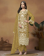 Mustard Organza Salwar Suit With Kameez & Dupatta For Indian & Pakistani Wedding Festival - Thread Sequence Work