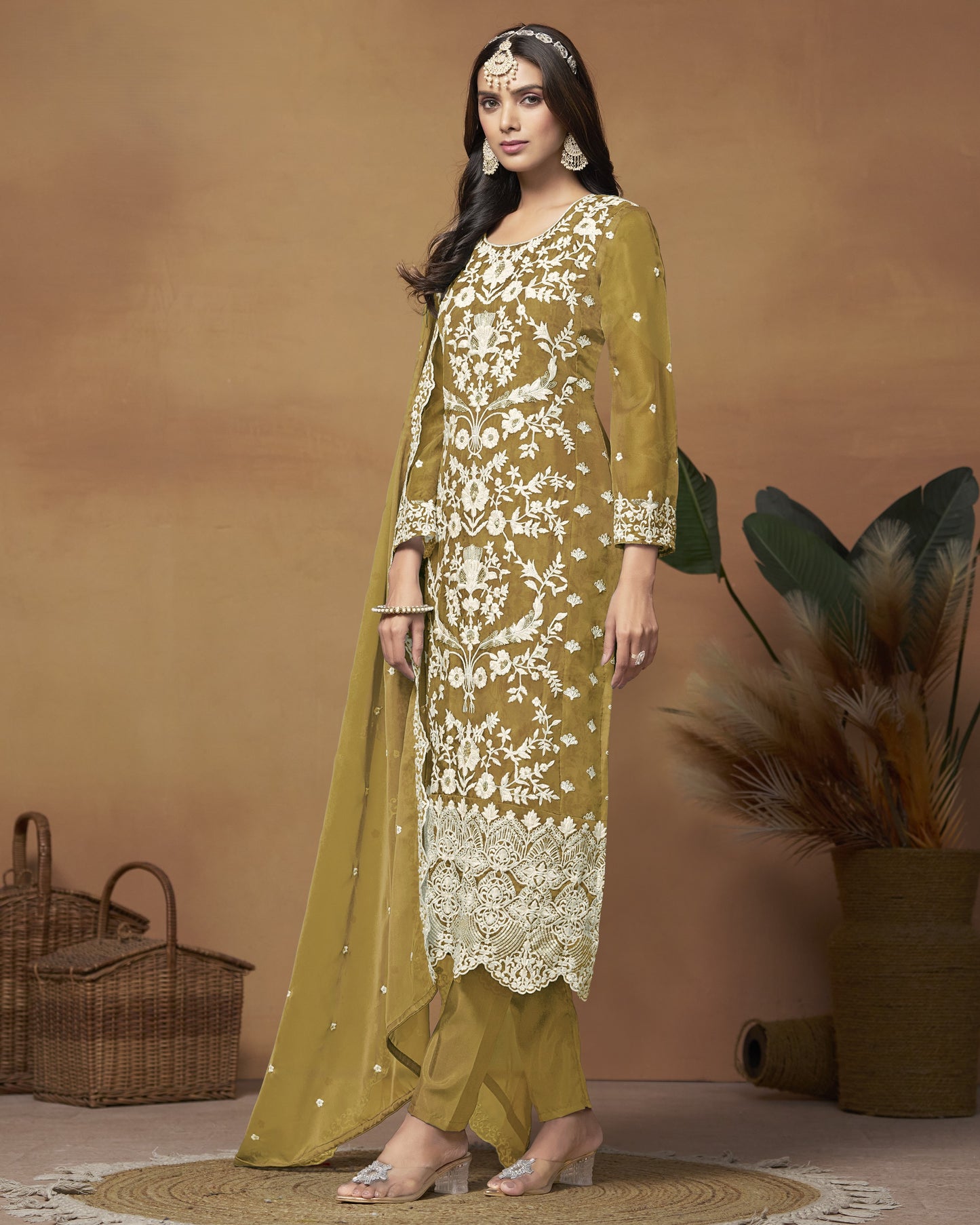 Mustard Organza Salwar Suit With Kameez & Dupatta For Indian & Pakistani Wedding Festival - Thread Sequence Work