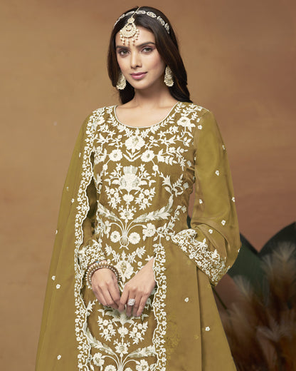 Mustard Organza Salwar Suit With Kameez & Dupatta For Indian & Pakistani Wedding Festival - Thread Sequence Work