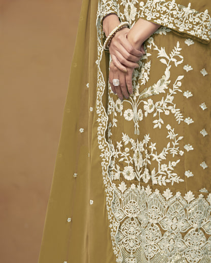 Mustard Organza Salwar Suit With Kameez & Dupatta For Indian & Pakistani Wedding Festival - Thread Sequence Work