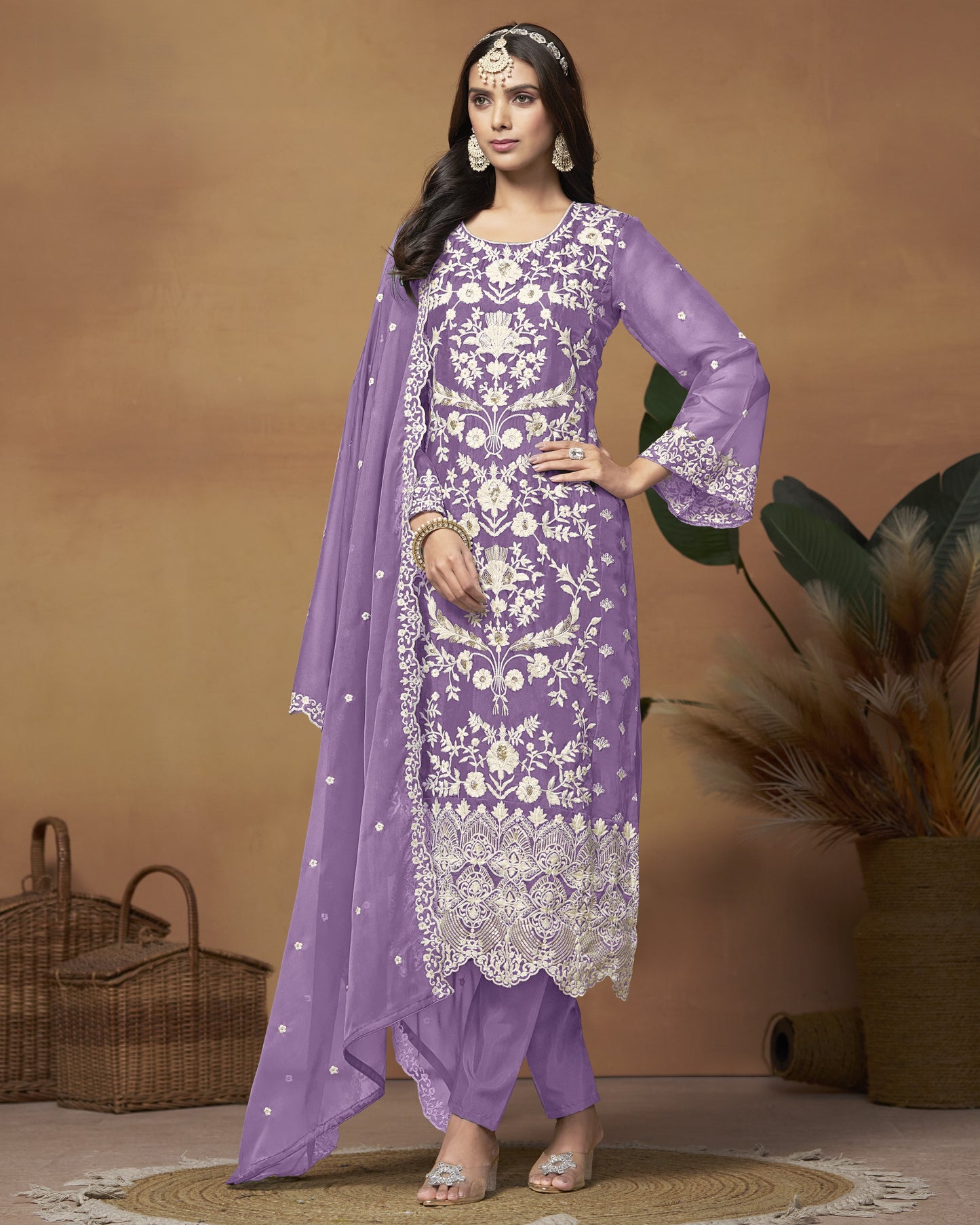 Lavender Organza Salwar Suit With Kameez & Dupatta For Indian & Pakistani Wedding Festival - Thread Sequence Work