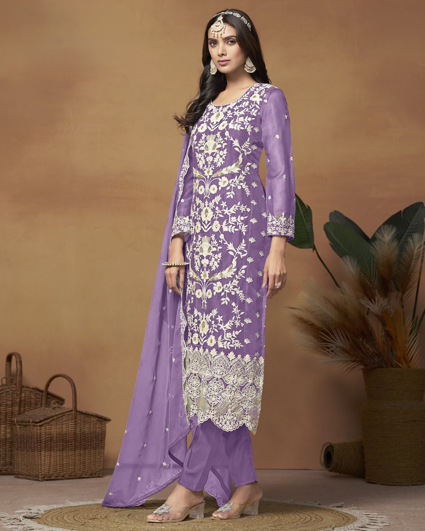 Lavender Organza Salwar Suit With Kameez & Dupatta For Indian & Pakistani Wedding Festival - Thread Sequence Work