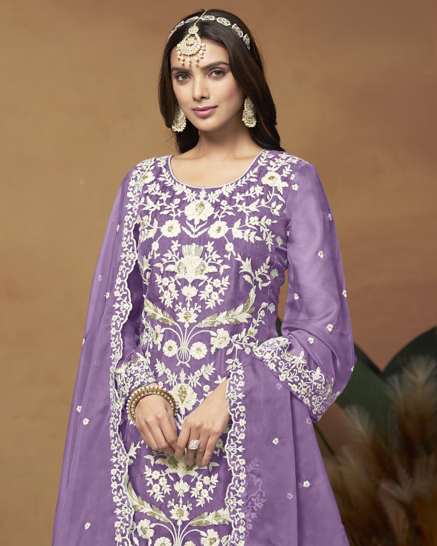 Lavender Organza Salwar Suit With Kameez & Dupatta For Indian & Pakistani Wedding Festival - Thread Sequence Work