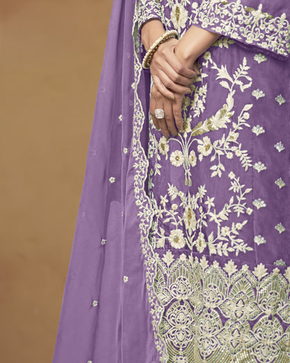 Lavender Organza Salwar Suit With Kameez & Dupatta For Indian & Pakistani Wedding Festival - Thread Sequence Work