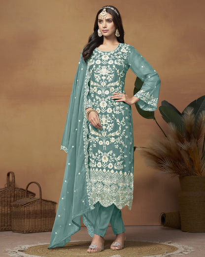 Teal Organza Salwar Suit With Kameez & Dupatta For Indian & Pakistani Wedding Festival - Thread Sequence Work