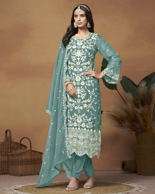 Teal Organza Salwar Suit With Kameez & Dupatta For Indian & Pakistani Wedding Festival - Thread Sequence Work