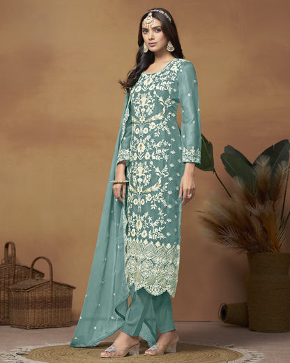 Teal Organza Salwar Suit With Kameez & Dupatta For Indian & Pakistani Wedding Festival - Thread Sequence Work