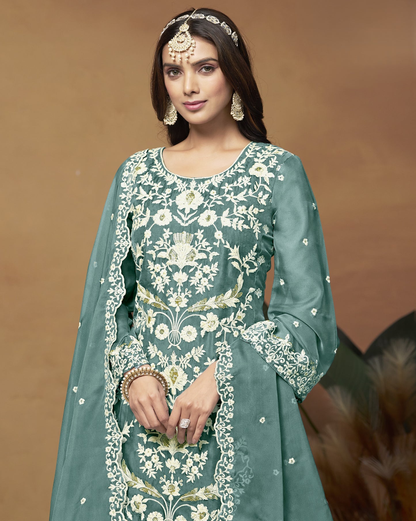 Teal Organza Salwar Suit With Kameez & Dupatta For Indian & Pakistani Wedding Festival - Thread Sequence Work