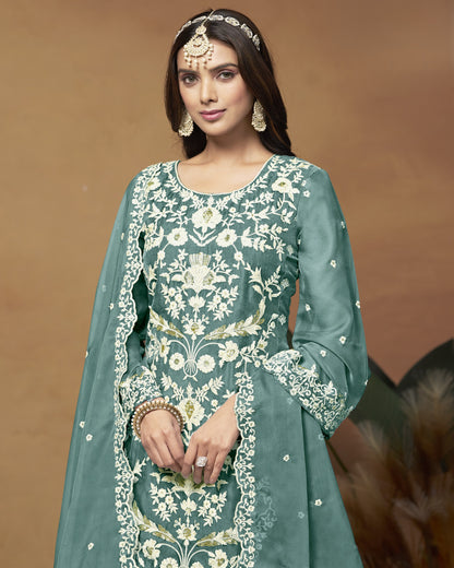 Teal Organza Salwar Suit With Kameez & Dupatta For Indian & Pakistani Wedding Festival - Thread Sequence Work
