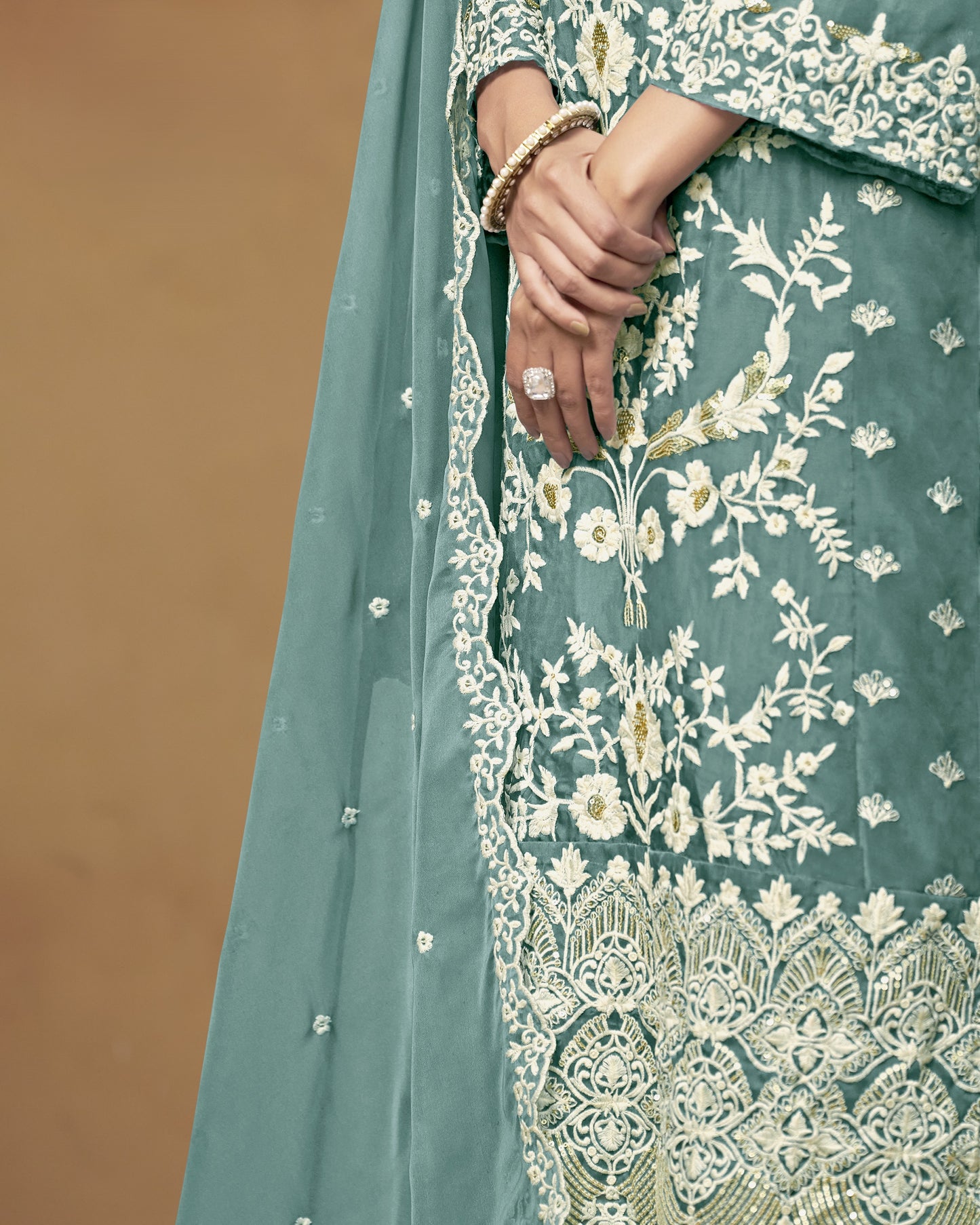 Teal Organza Salwar Suit With Kameez & Dupatta For Indian & Pakistani Wedding Festival - Thread Sequence Work
