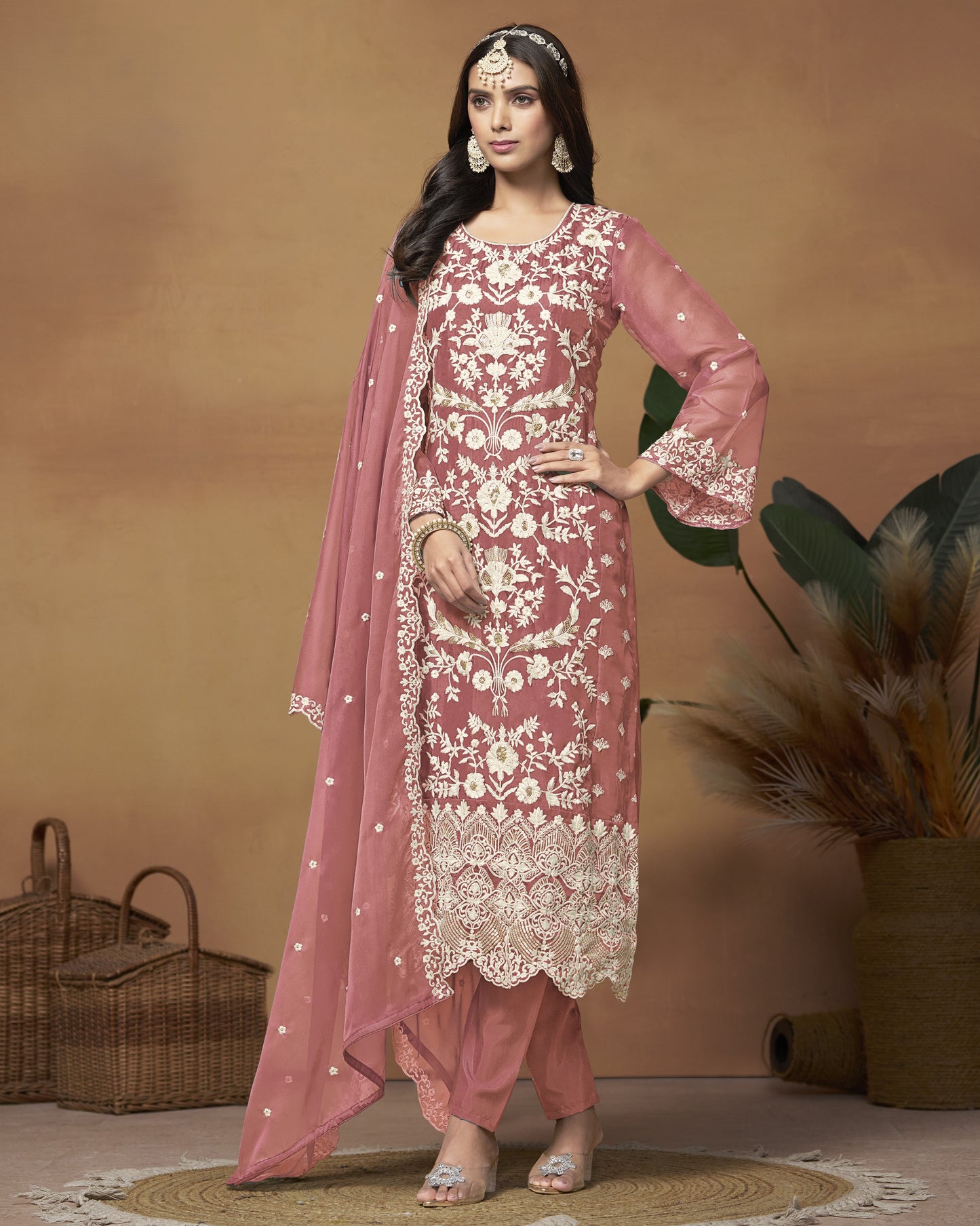 Dusty Pink Organza Salwar Suit With Kameez & Dupatta For Indian & Pakistani Wedding Festival - Thread Sequence Work