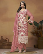 Dusty Pink Organza Salwar Suit With Kameez & Dupatta For Indian & Pakistani Wedding Festival - Thread Sequence Work