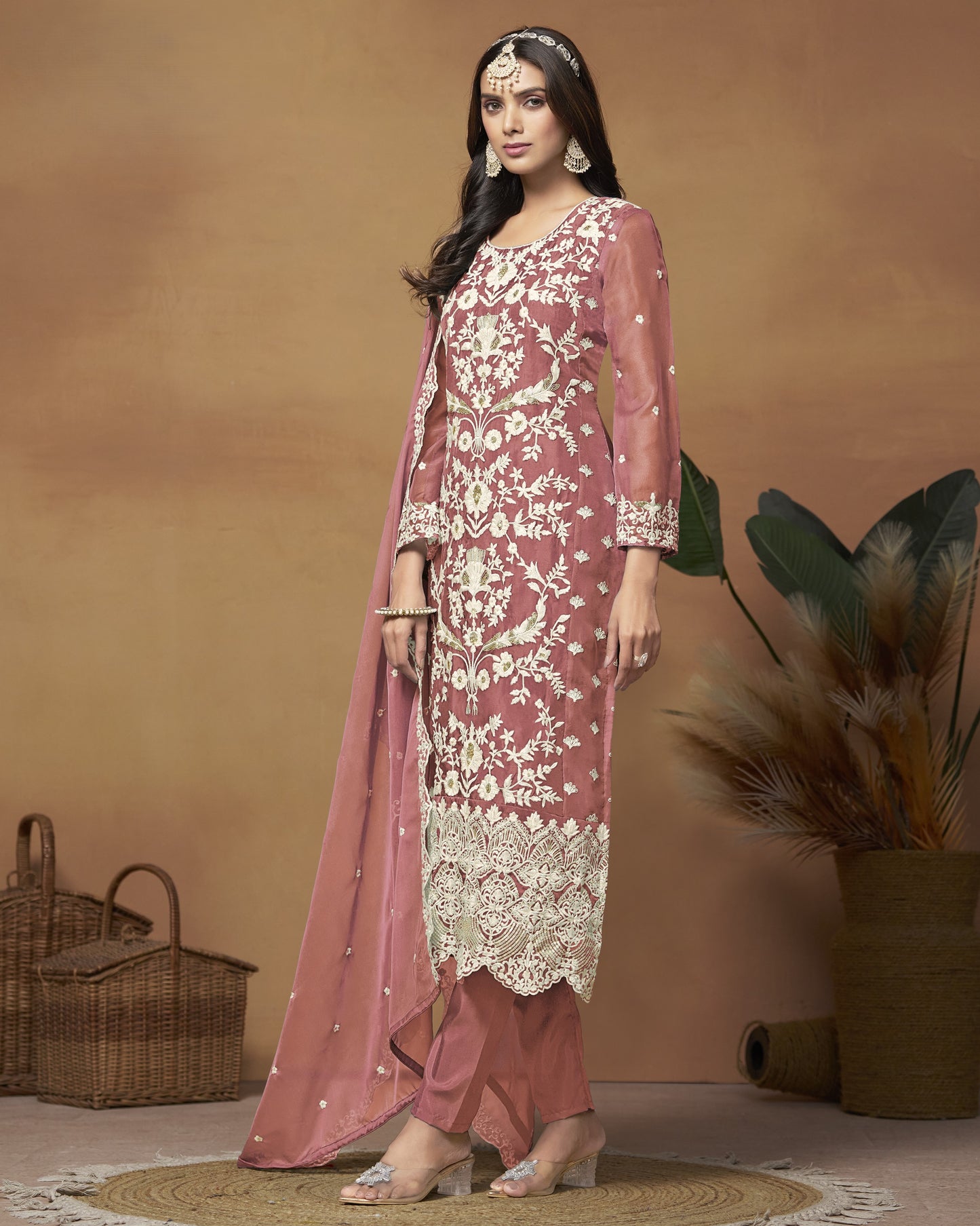 Dusty Pink Organza Salwar Suit With Kameez & Dupatta For Indian & Pakistani Wedding Festival - Thread Sequence Work