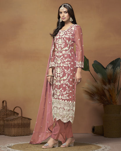 Dusty Pink Organza Salwar Suit With Kameez & Dupatta For Indian & Pakistani Wedding Festival - Thread Sequence Work