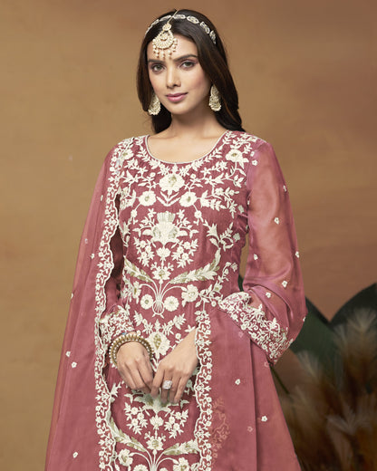 Dusty Pink Organza Salwar Suit With Kameez & Dupatta For Indian & Pakistani Wedding Festival - Thread Sequence Work
