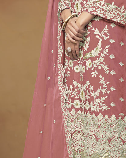 Dusty Pink Organza Salwar Suit With Kameez & Dupatta For Indian & Pakistani Wedding Festival - Thread Sequence Work