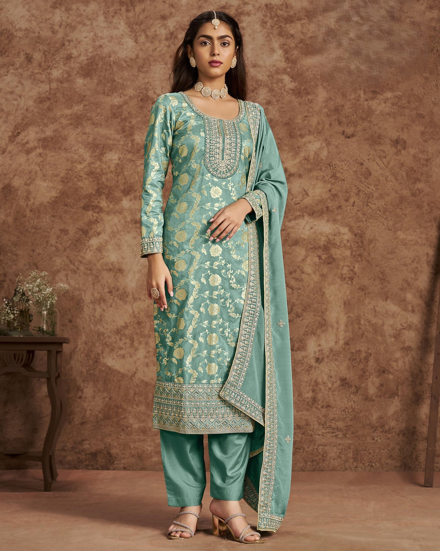 Teal Jacquard Salwar Suit With Kameez & Dupatta For Indian & Pakistani Wedding Festival - Dori Thread Sequence Work