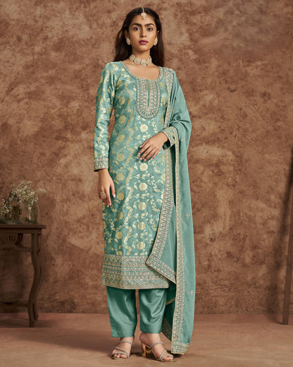 Teal Jacquard Salwar Suit With Kameez & Dupatta For Indian & Pakistani Wedding Festival - Dori Thread Sequence Work