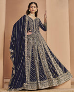 Navy Blue Georgette Anarkali Suit With Dupatta For Indian & Pakistani Wedding Festival - Thread Sequence Work