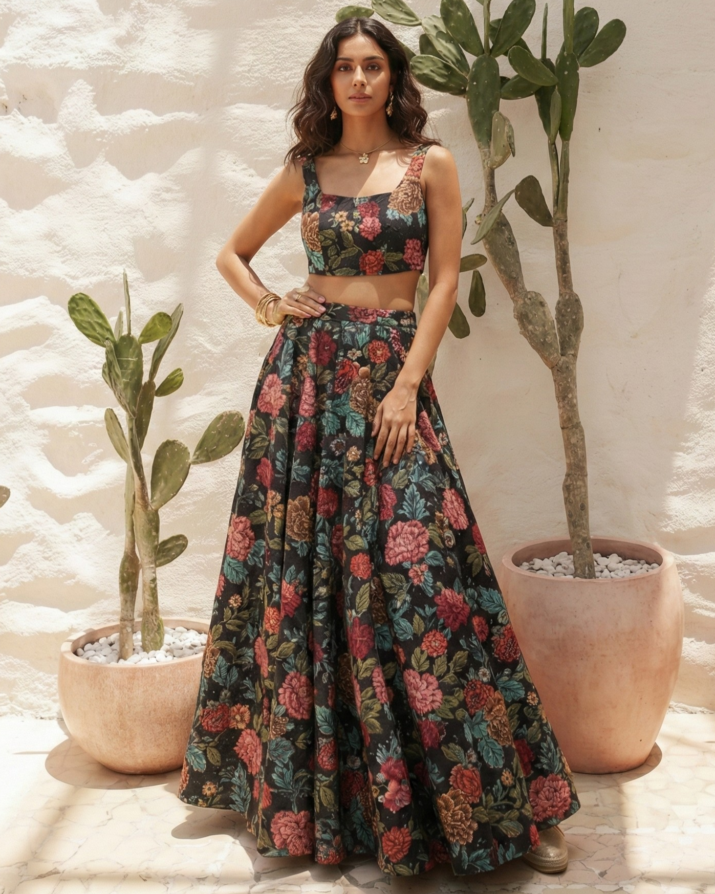 Woman wearing a floral dress standing in front of plants with a textured wall background