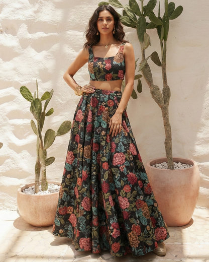 Woman wearing a floral dress standing in front of plants with a textured wall background