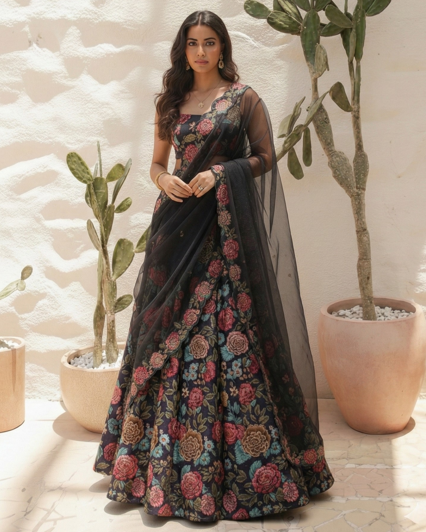 Woman wearing a floral saree with a neutral background
